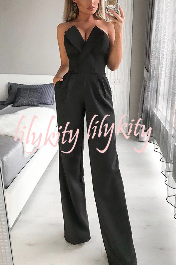 Tuxedo-style Off Shoulder Pocket Wide Leg Formal Jumpsuit