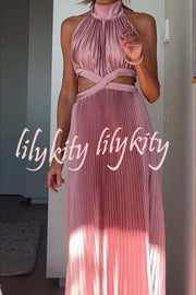 Stunning Choice Satin Pleated Halter High Neck Cutout Waist Backless Maxi Dress