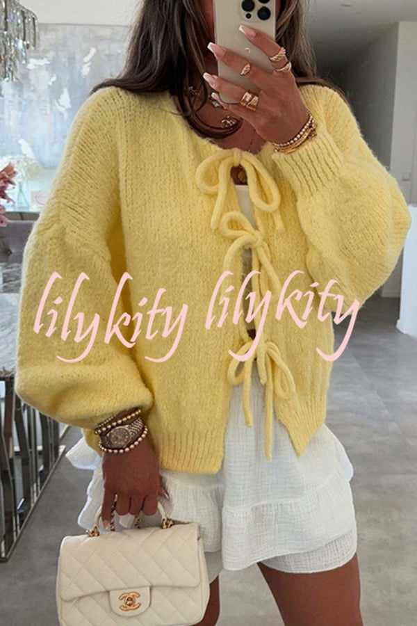 Solid Color Long-sleeved V-neck Lace-up Loose Knitted Sweater