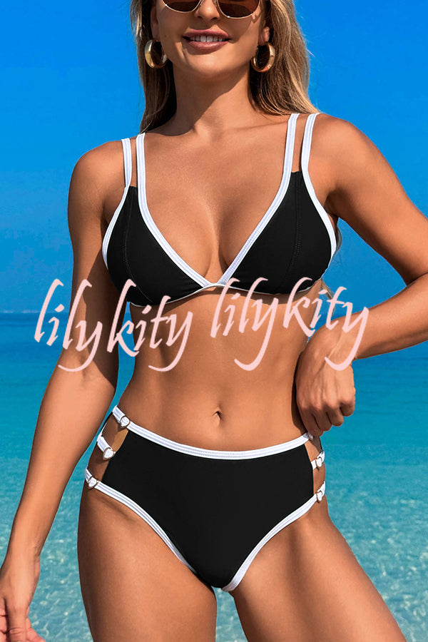 Contrast Color Lace-up Stretch Two-piece Bikini Swimsuit