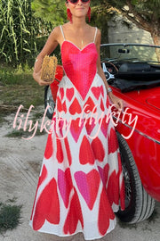 Full of Love Heart Shape Print Cutout Spaghetti Strap Backless Maxi Dress