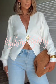 Only Yours Knit Metal Leaf Shape Button Lantern Sleeve Relaxed Cardigan