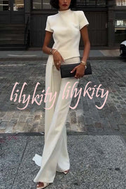 Pippa High Neck Short Sleeve Irregular Drape Hem Top and Elastic Waist Flare Pants Set
