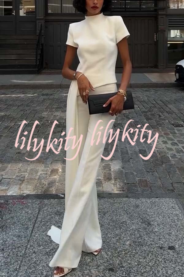 Pippa High Neck Short Sleeve Irregular Drape Hem Top and Elastic Waist Flare Pants Set
