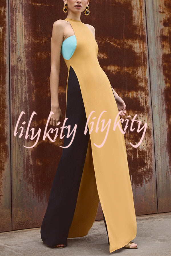 Fashionable Contrast Color Stitching Sleeveless Slim Maxi Dress