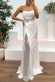 Audrey Satin Paneled Mesh Sequin Fabric Off Shoulder Ruched Drape Maxi Dress