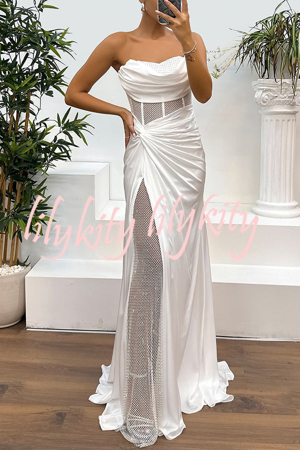 Audrey Satin Paneled Mesh Sequin Fabric Off Shoulder Ruched Drape Maxi Dress