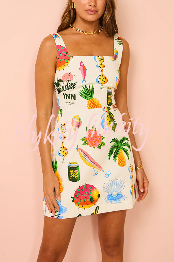 Summer Colorful Fruit Unique Print Tie-back Mini Dress