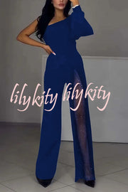 Fashionable Oblique Shoulder One-sleeve Sexy High Slit Slim Jumpsuit