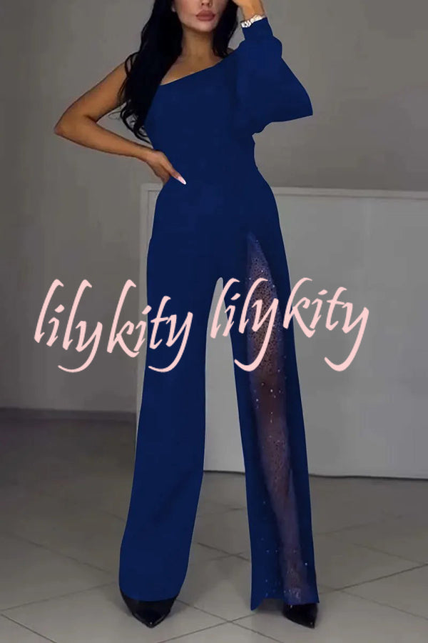 Fashionable Oblique Shoulder One-sleeve Sexy High Slit Slim Jumpsuit