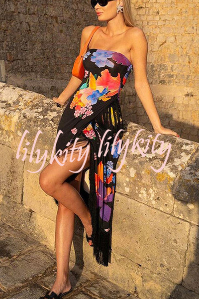 Island Girl Era Floral Print Tassel Trim Bandeau Stretch Midi Dress