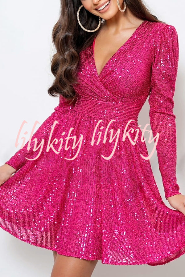 Girls Night Out Sequin Wrap Long Sleeve Mini Dress