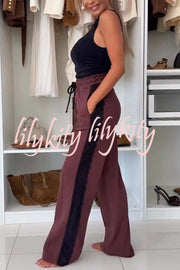 Fashion Lace Panel Long-sleeved Crop Top and Elastic Waist Tie Pocket Casual Pants Set