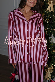 Courtney Satin Colorblock Striped Loose Shirt and Elastic Waist Pocketed Pajama Set