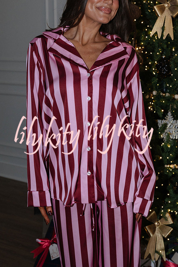 Courtney Satin Colorblock Striped Loose Shirt and Elastic Waist Pocketed Pajama Set