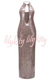 Light Up The City Sequin Cutout U-neck Back Lace-up Maxi Dress