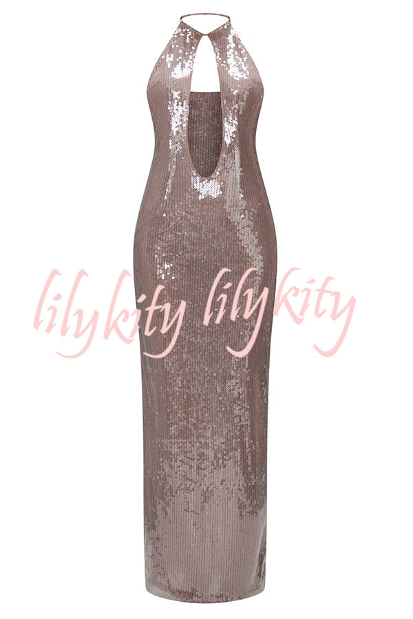 Light Up The City Sequin Cutout U-neck Back Lace-up Maxi Dress