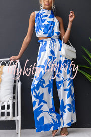Girls Night Satin Printed High Neck Top and Elastic Tie-up Waist Pocket Wide Leg Pants Set
