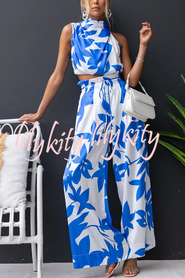 Girls Night Satin Printed High Neck Top and Elastic Tie-up Waist Pocket Wide Leg Pants Set