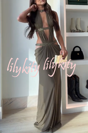 Khaki Hot-fix Rhinestone Shoulder Strap Cutout Design Backless Drape Maxi Dress