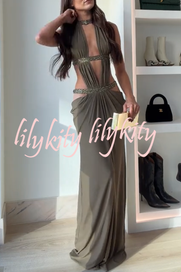 Khaki Hot-fix Rhinestone Shoulder Strap Cutout Design Backless Drape Maxi Dress