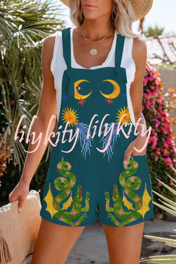 Heat Wave Linen Blend Unique Print Adjustable Strap Pocketed Romper