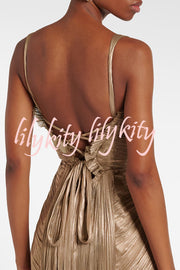 Vegas Queen Metallic Pleated Sculpted Bodice Back Lace-up Drape Maxi Dress