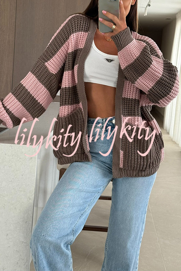 Fashionable Patchwork Striped Casual Pocket Knitted Sweater
