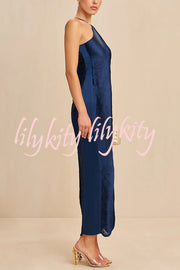 Sexy Allnight Metallic Halterneck Backless Fringed Slit Maxi Dress