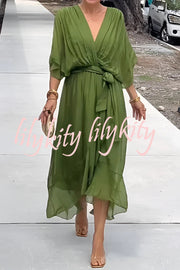 Solid Color V-neck Bat Sleeve Lace-up Irregular Hem Midi Dress