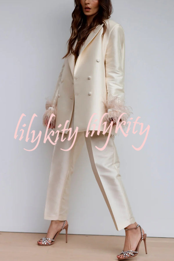 Chic Affair Satin Feather Trim Lapel Loose Blazer and High Rise Pocket Tapered Pants Set