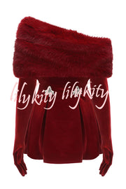 Stylish Velvet Off-shoulder Fitted Mini Dress and Fluffy Shawl, Velvet Gloves Three-piece Set