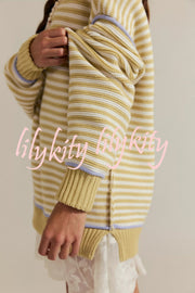 Fashion Striped Colorblock Loose Round Neck Long-sleeved Knitted Sweater