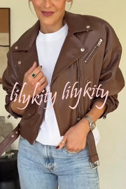 Fashion Lapel Long Sleeve Casual Zipper Pocket Leather Jacket