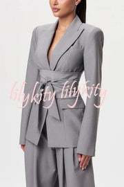 Power Girl Button Up Long Sleeve Removable Belt Lapel Blazer