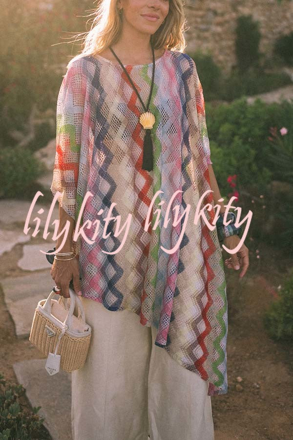 Sun Washed Knit Colorful Zigzag Pattern Asymmetric Hem Loose Cover-ups Kaftan