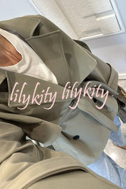 Modern Urban Dropped Shoulder Strap Button Detail Belted Lapel Loose Trench Coat