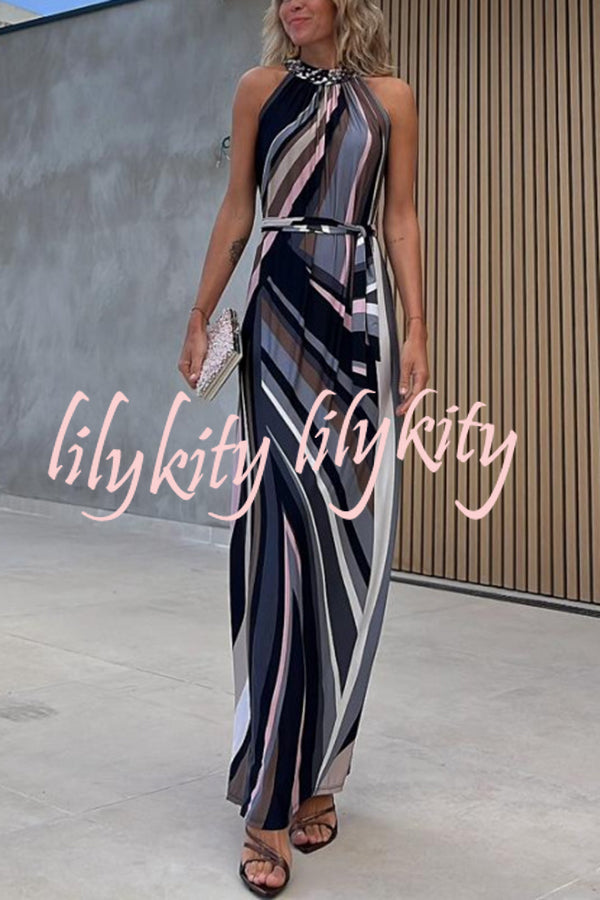 Flowing Elegance Colored Lines Printed Belt Halter Maxi Dress