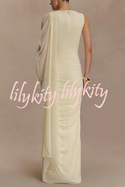 Fashionable Mesh Shawl Sleeveless Slim Fit Pleated Maxi Dress