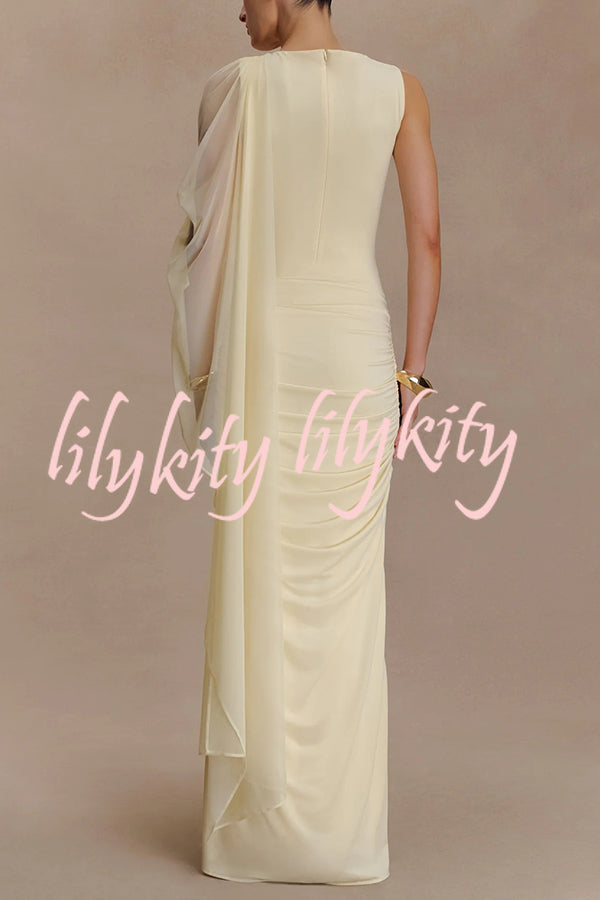 Fashionable Mesh Shawl Sleeveless Slim Fit Pleated Maxi Dress