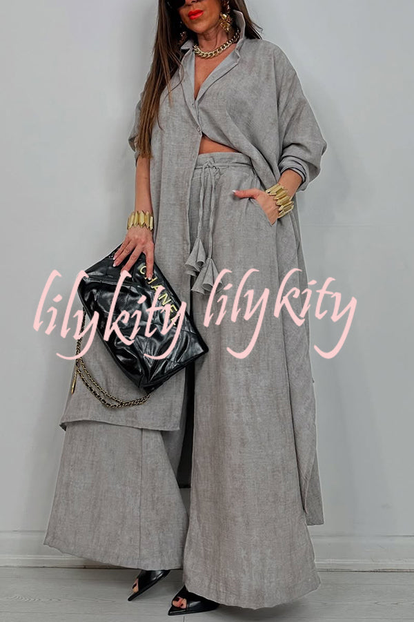 Solid Color Casual Loose Long Shirt and Elastic Waist Pocket Wide Leg Pants Set