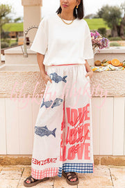Unique Printed Elastic Waist Pocket Vacation Casual Wide Leg Pants