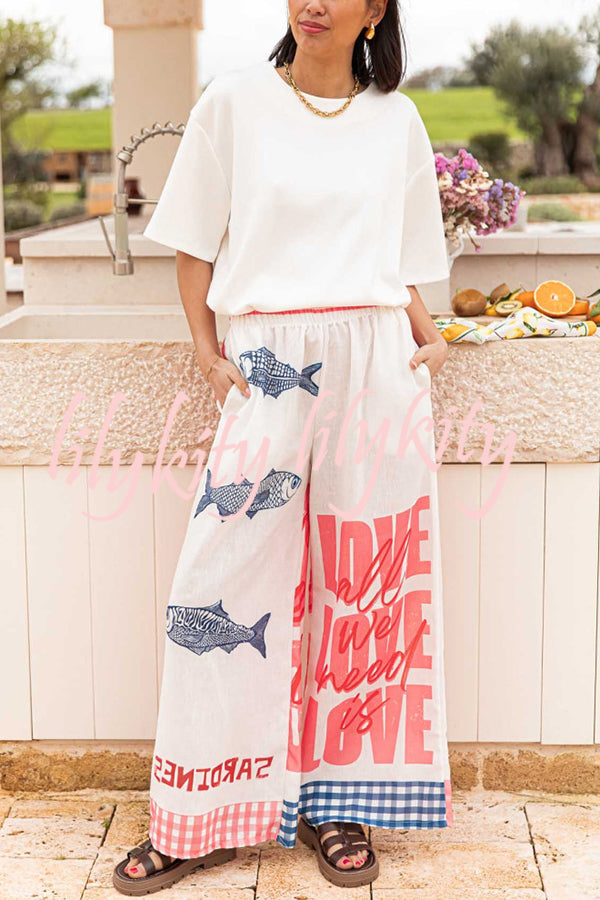 Unique Printed Elastic Waist Pocket Vacation Casual Wide Leg Pants
