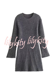 Beautiful Basic Ribbed Knit Long Slit Sleeve Flare Stretch Dress