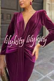 Elisabeth Luxurious Velvet Padded Shoulders Long Sleeve Twist Waist Drape Midi Dress