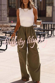 Great Week Pleated Elastic Waist Zipper Pocket Wide Leg Cargo Pants