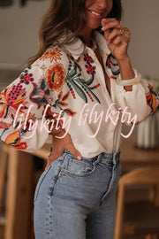 Botanical Print Loose Lapel Long Sleeve Casual Shirt
