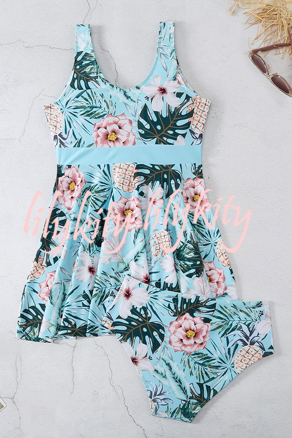 Cheerful Floral Print Bow Detail Tankini Swimsuit Set