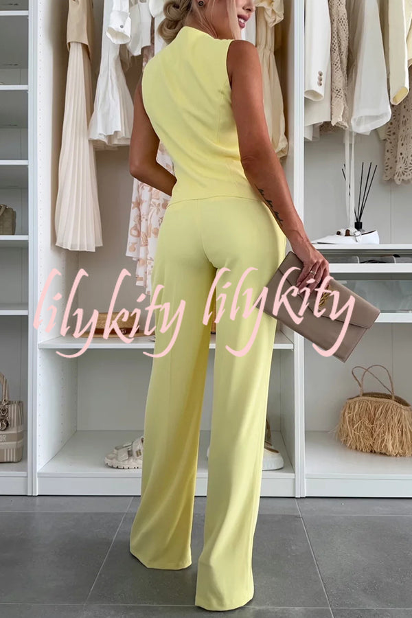 Workplace Chic Sleeveless Button Vest and Relaxed Pocket Wide Leg Pants Set