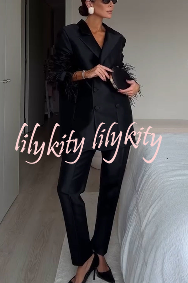 Chic Affair Satin Feather Trim Lapel Loose Blazer and High Rise Pocket Tapered Pants Set